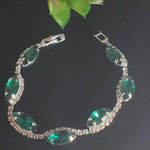 Silver Rhinestone Green Gemstone Bracelet (B63)